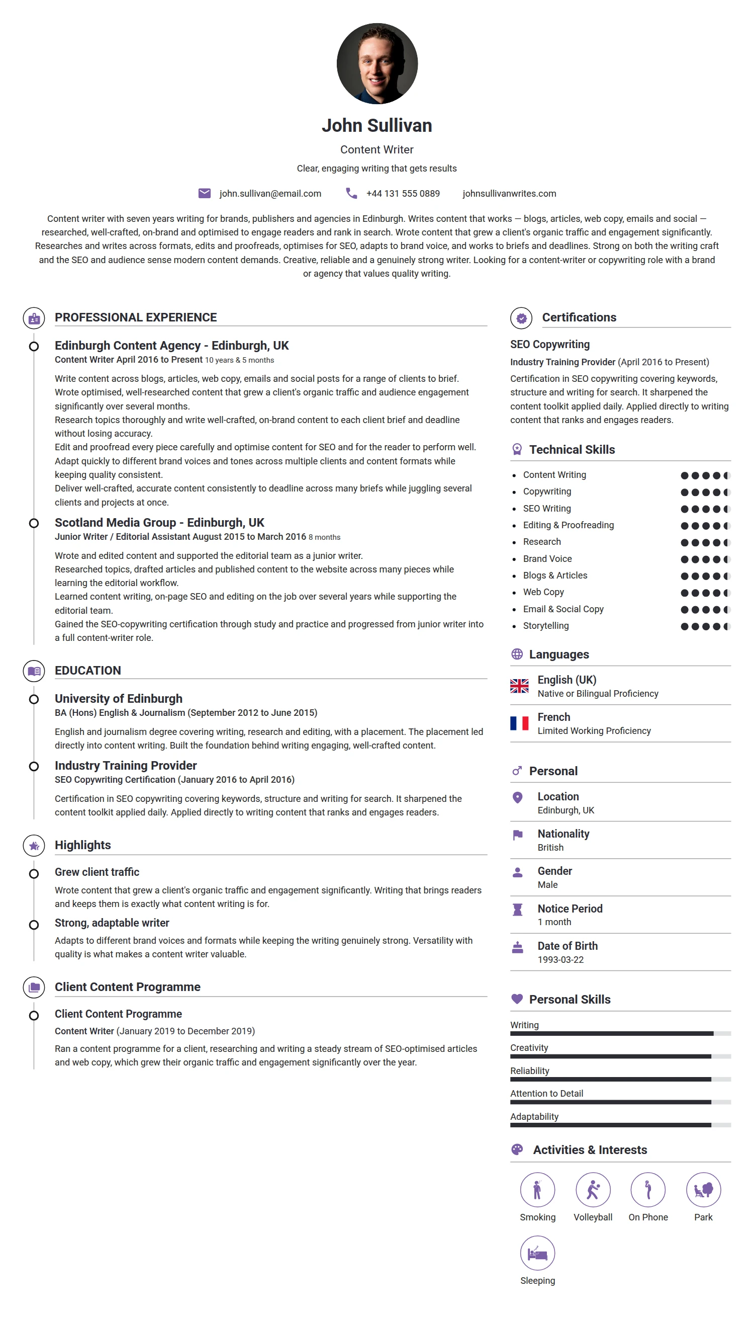 Content Writer resume example — a professionally formatted Media/Journalism CV sample