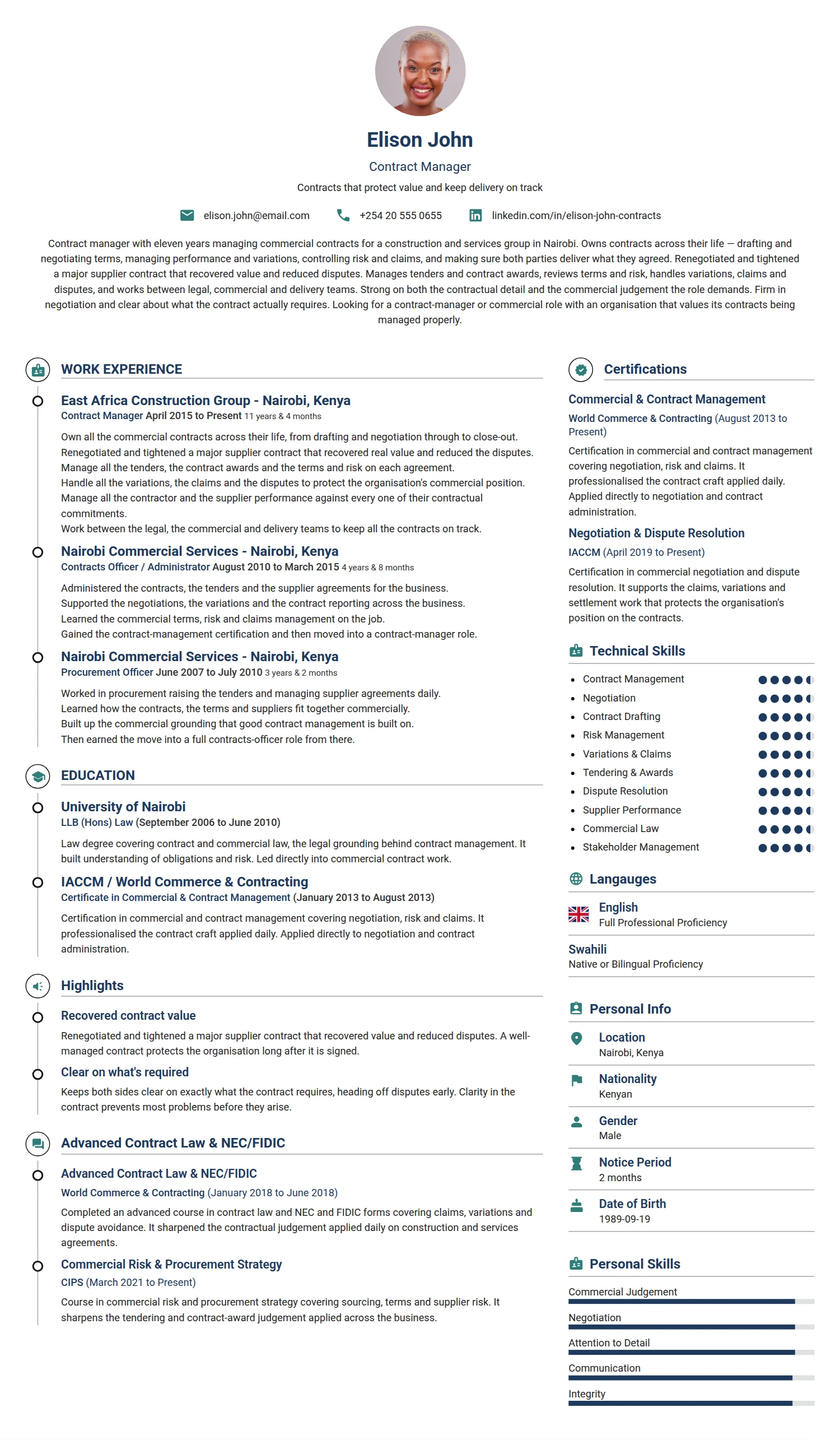 Contract Manager resume example — a professionally formatted Business Management CV sample