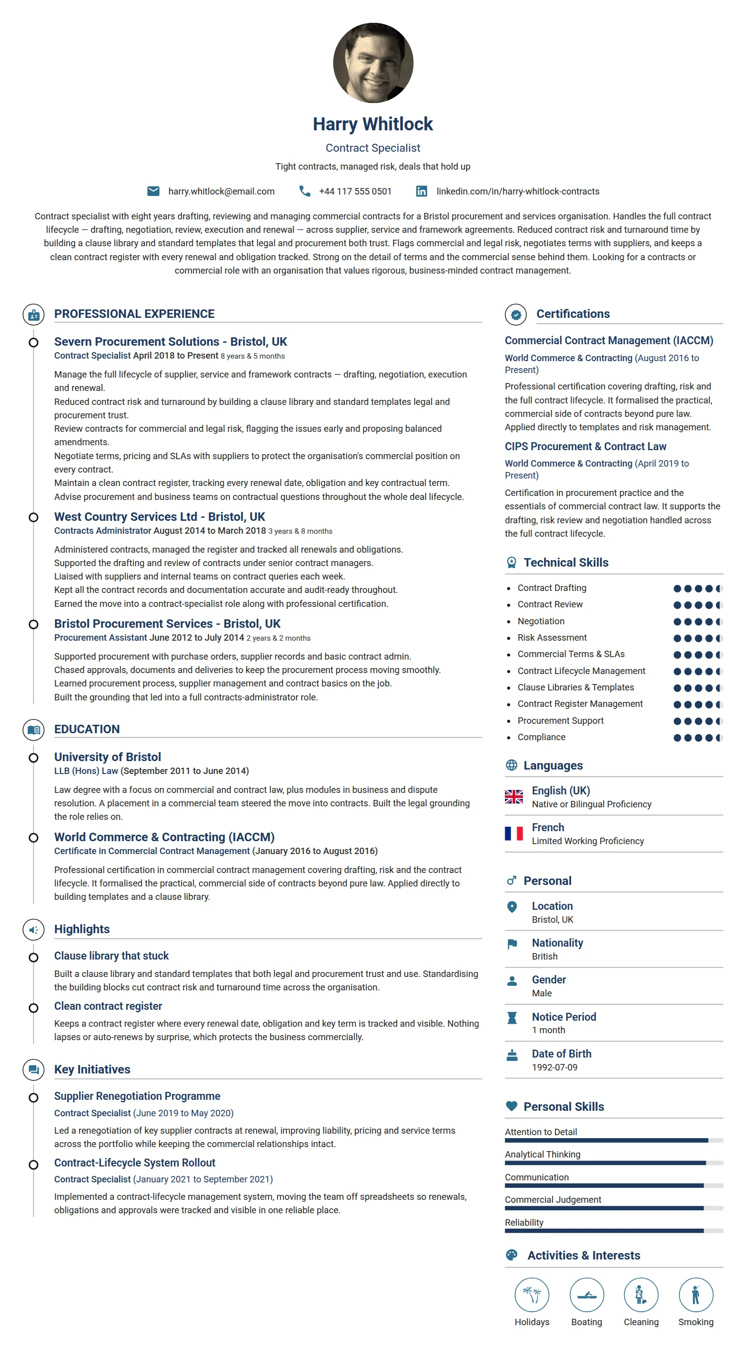 Contract Specialist resume example — a professionally formatted Building/Construction CV sample