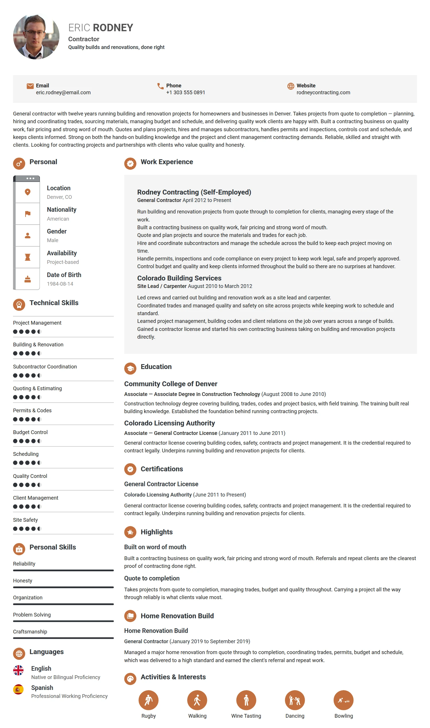 Contractor resume example — a professionally formatted Building/Construction CV sample