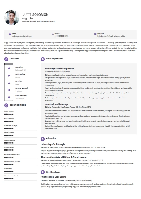 Copy Editor resume example — a professionally formatted Science & Research CV sample