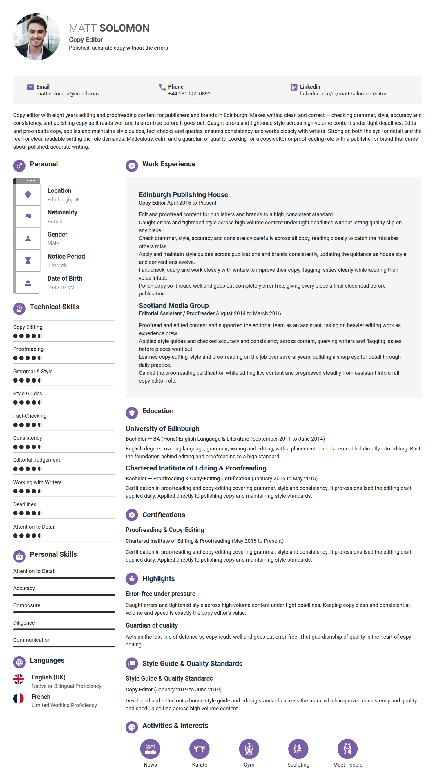 Copy Editor resume example — a professionally formatted Science & Research CV sample