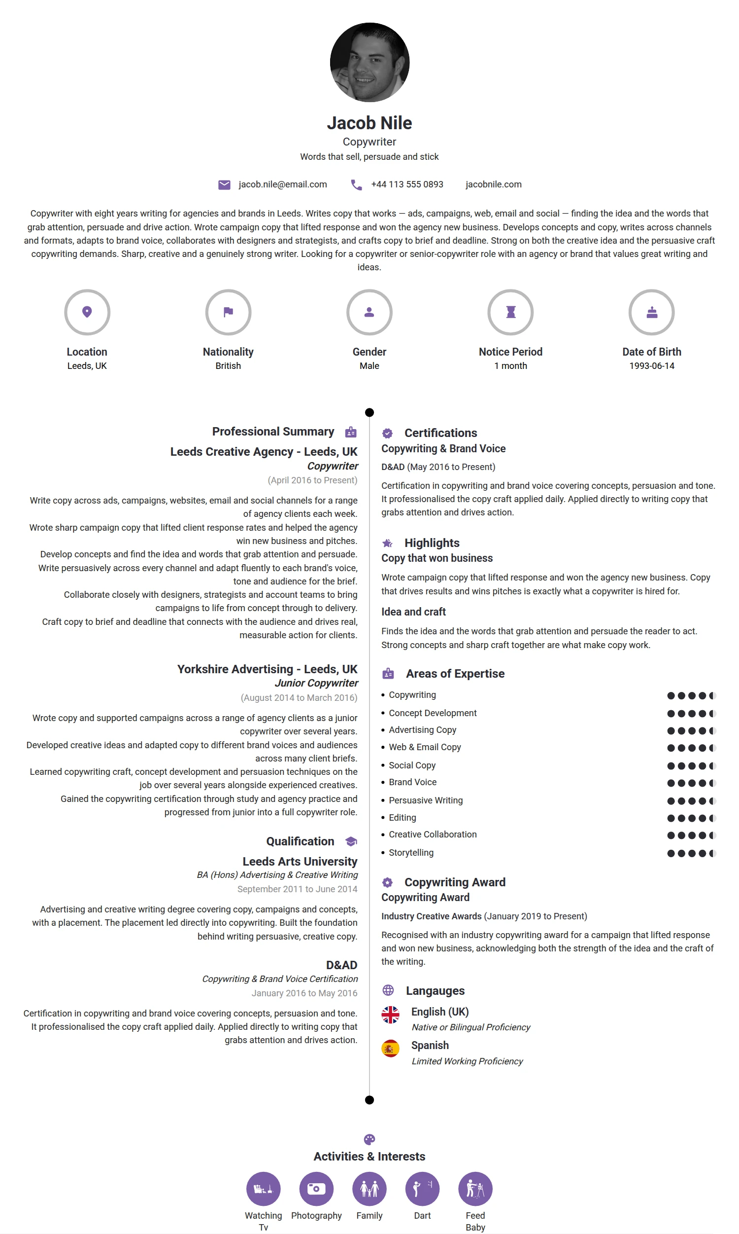 Copywriter resume example — a professionally formatted Media/Journalism CV sample