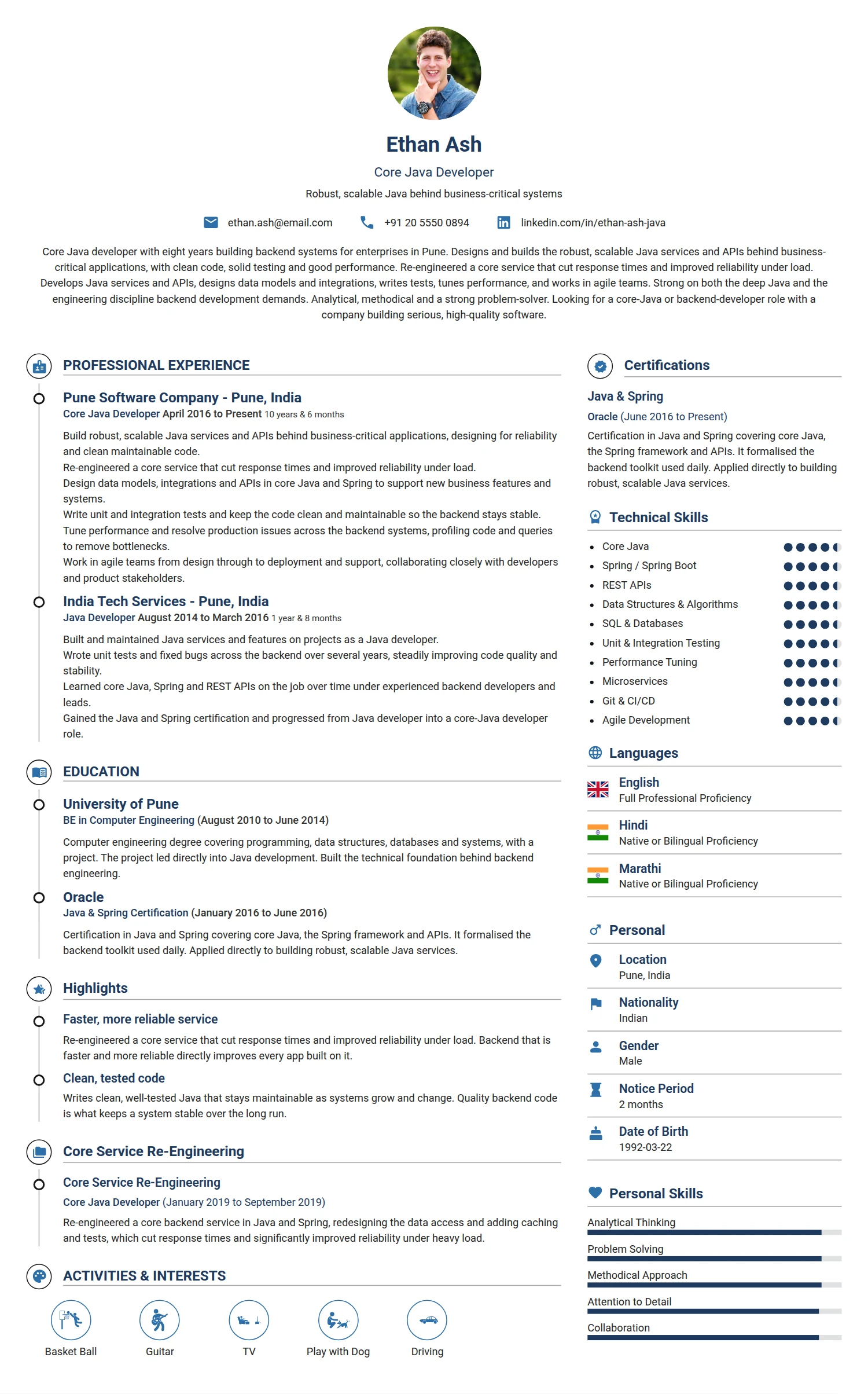 Core Java Developer resume example — a professionally formatted Software Development & IT CV sample