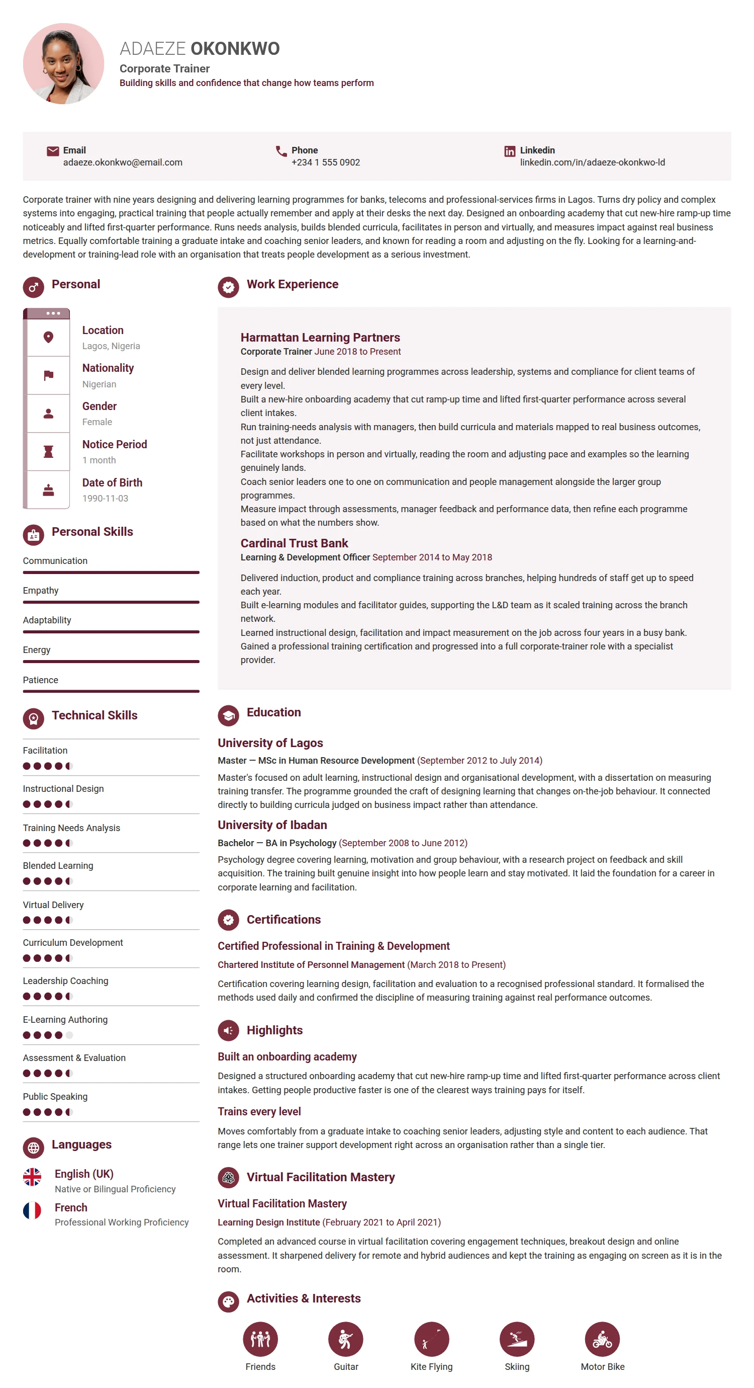 Corporate Trainer resume example — a professionally formatted Business Management CV sample