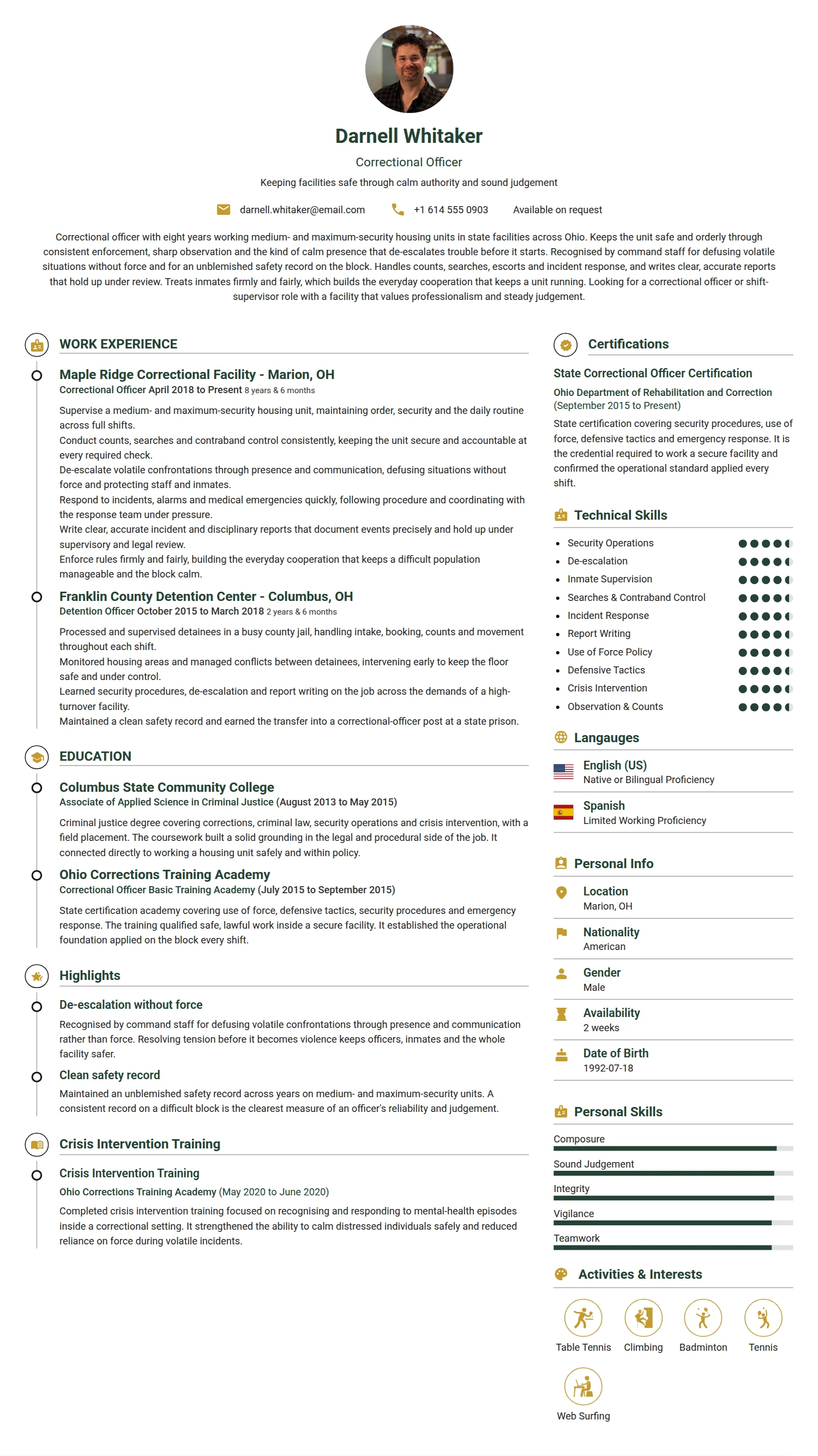 Correctional Officer resume example — a professionally formatted Science & Research CV sample