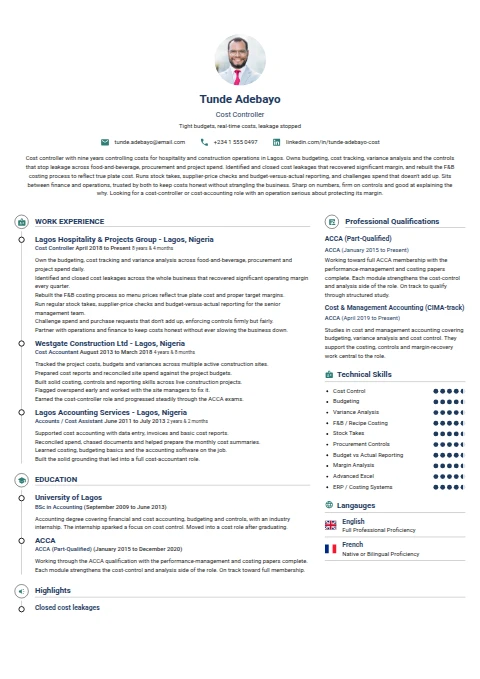 Cost Controller resume example
