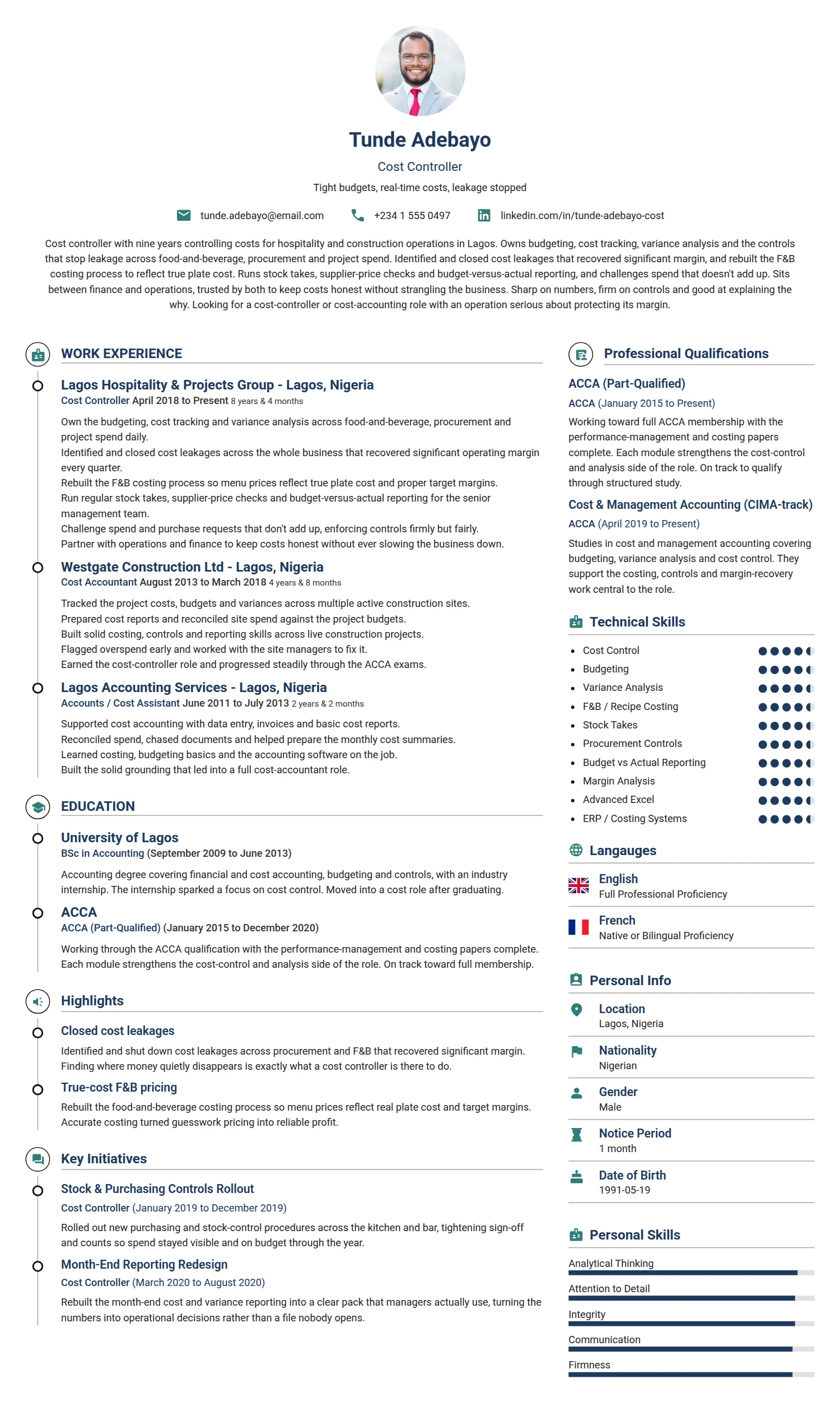 Cost Controller resume example — a professionally formatted Accounting/Auditing CV sample