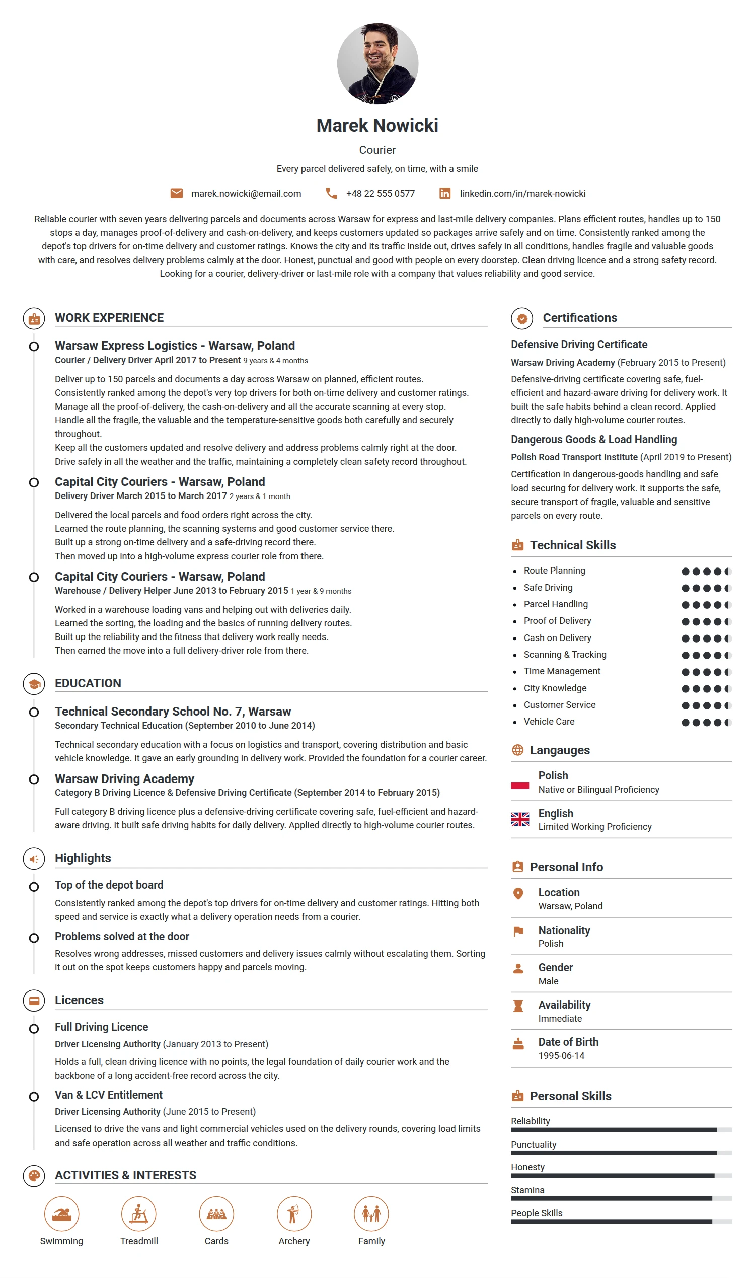 Courier resume example — a professionally formatted Logistics/Supply Chain CV sample