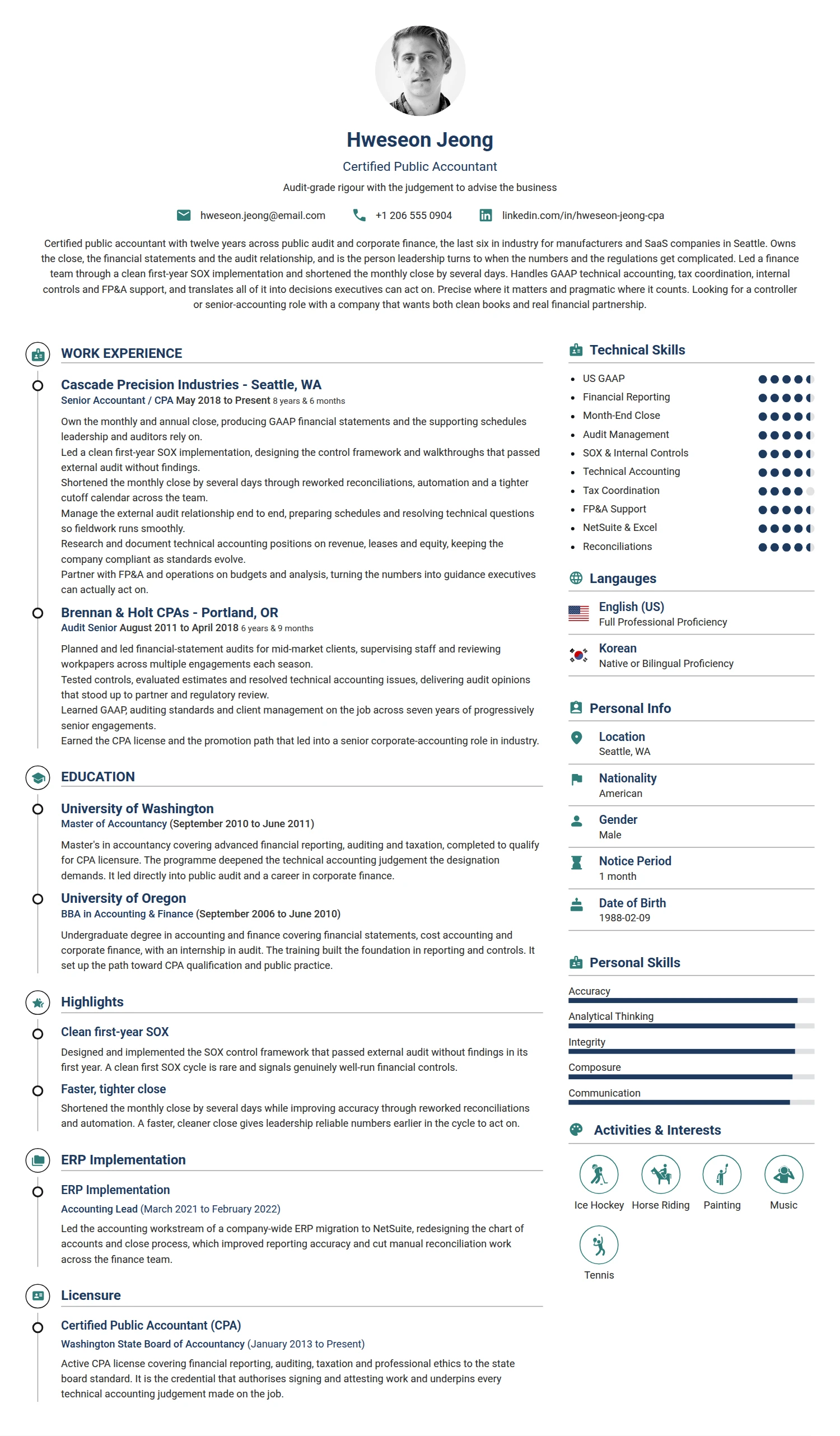 CPA resume example — a professionally formatted Accounting/Auditing CV sample