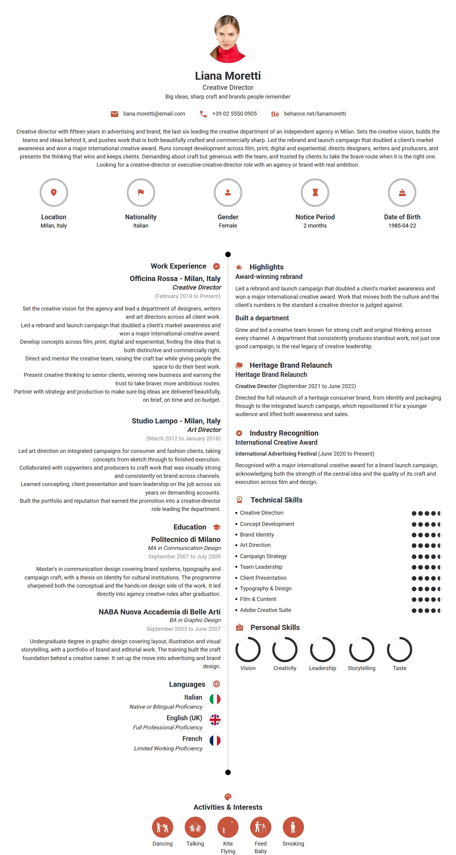 Creative Director resume example — a professionally formatted Art/Creative/Design CV sample