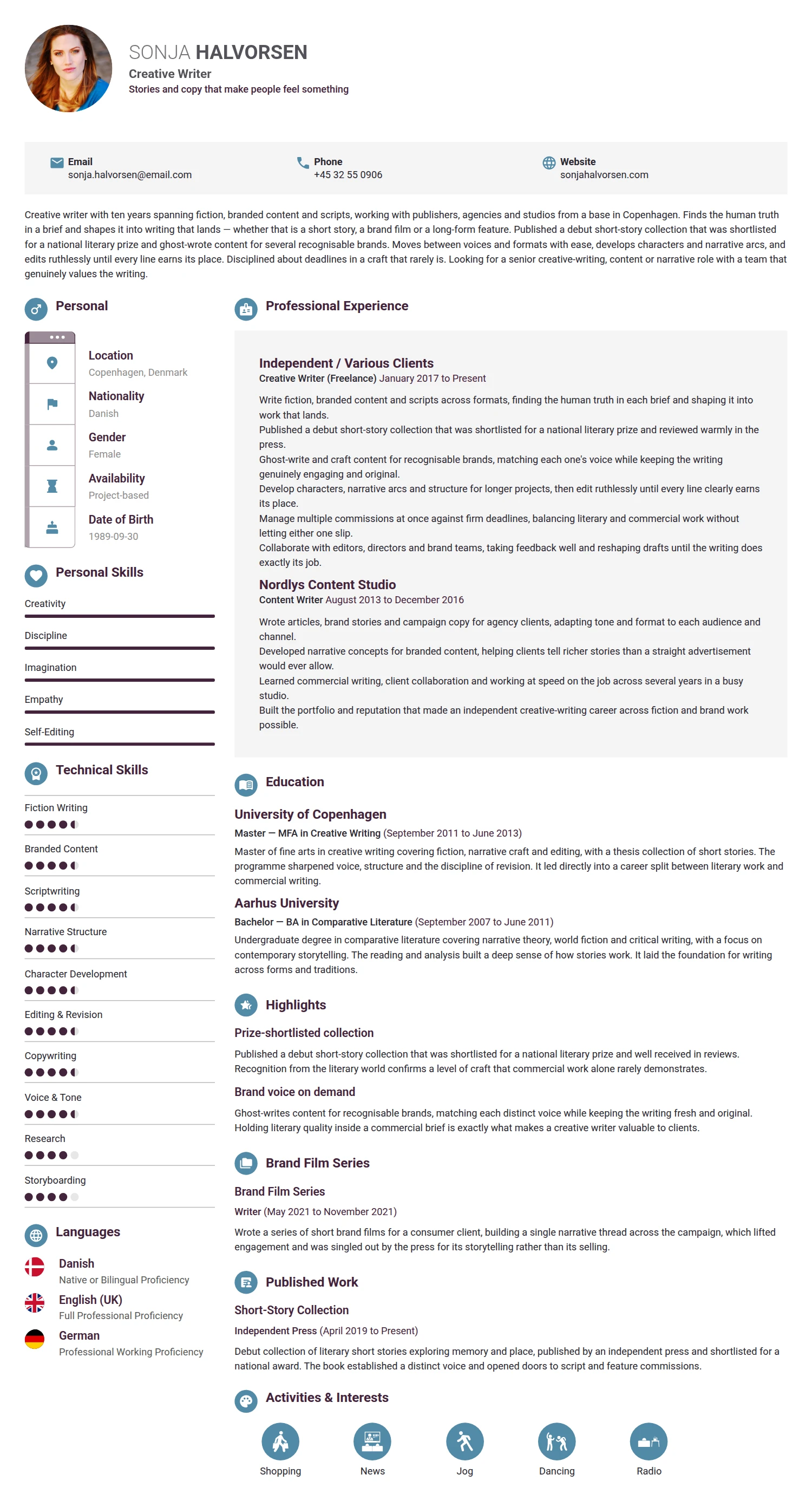 Creative Writer resume example — a professionally formatted Media/Journalism CV sample