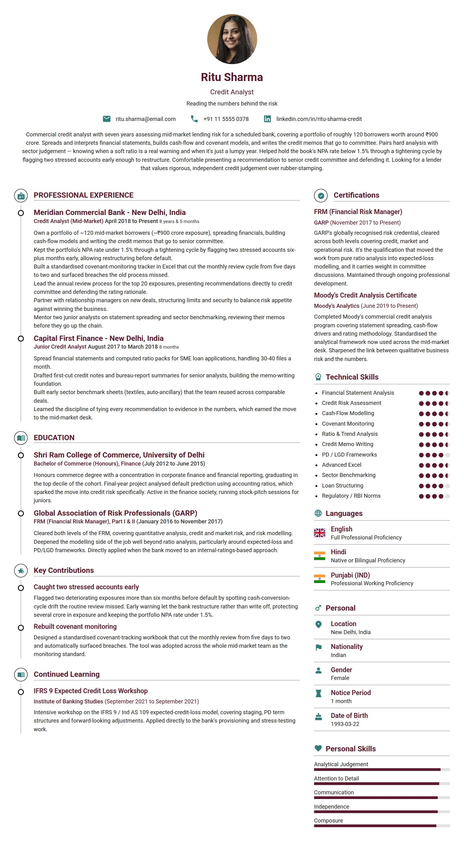 Credit Analyst resume example — a professionally formatted Accounting/Auditing CV sample