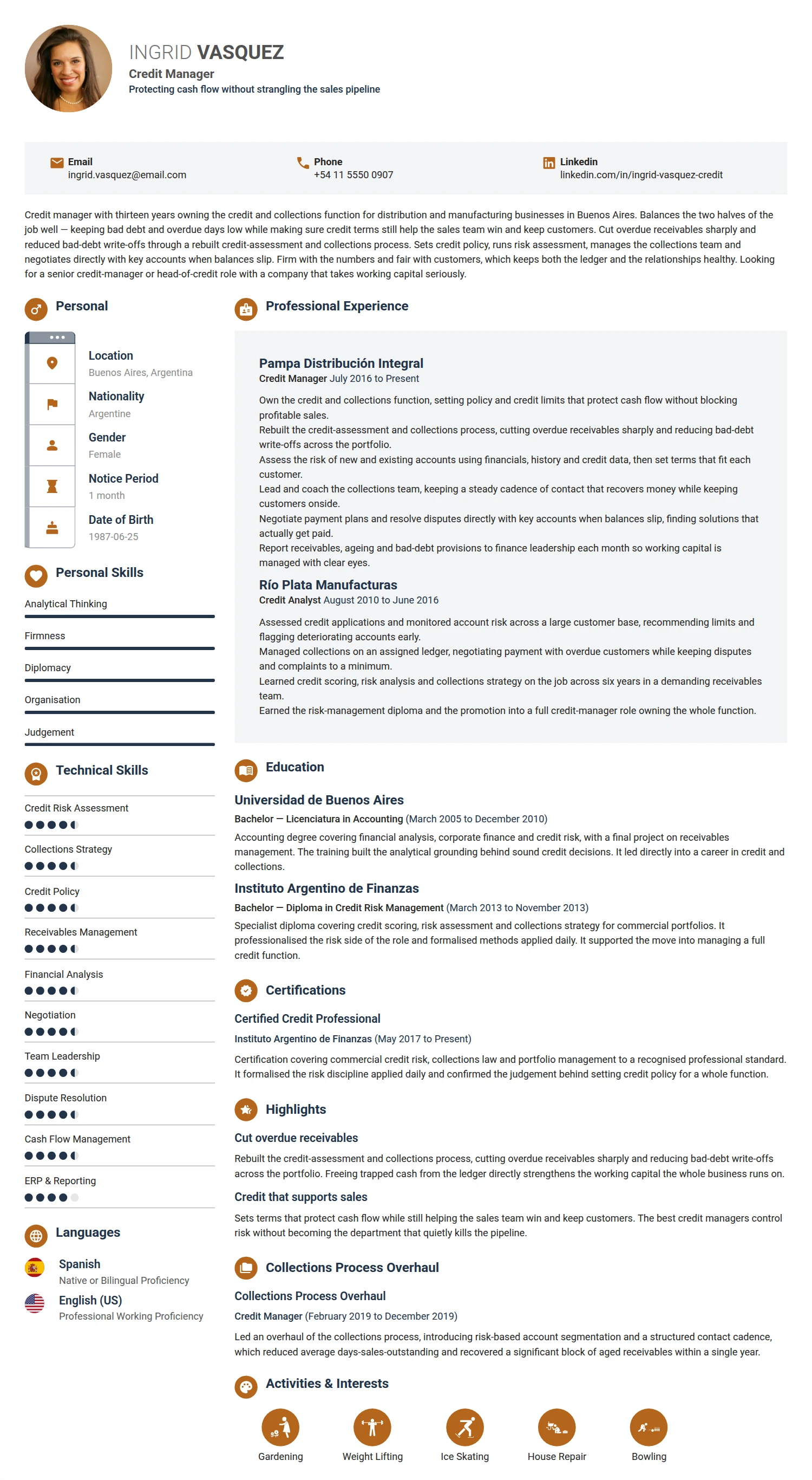 Credit Manager resume example — a professionally formatted Financial Services & Banking CV sample