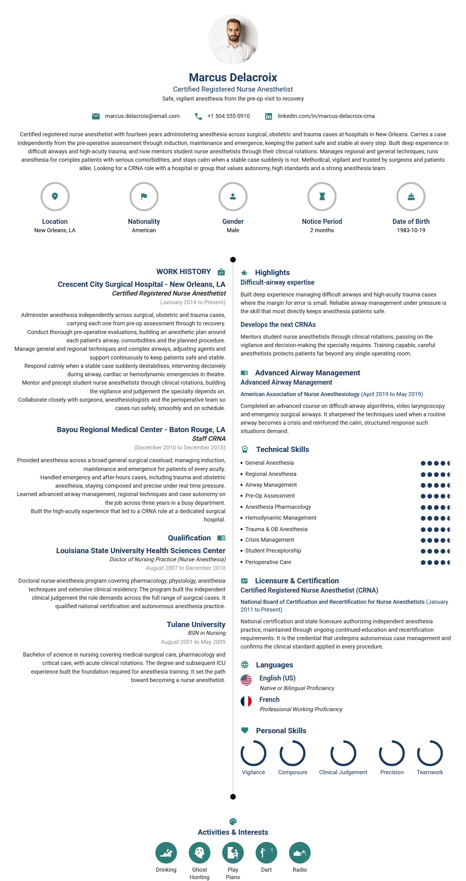 CRNA resume example — a professionally formatted Medical & Healthcare CV sample