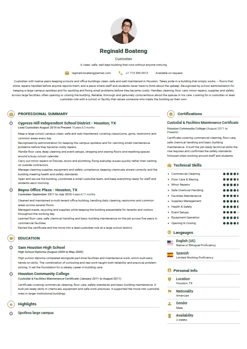 Custodian resume example