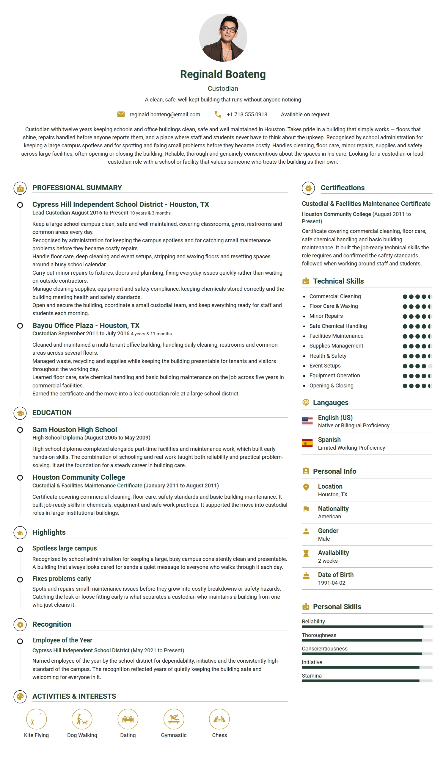 Custodian resume example — a professionally formatted Law Enforcement/Military/Security CV sample
