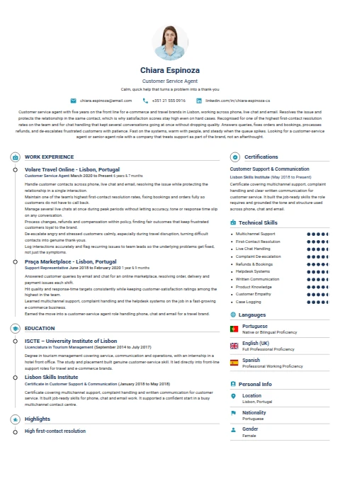Customer Service Agent resume example