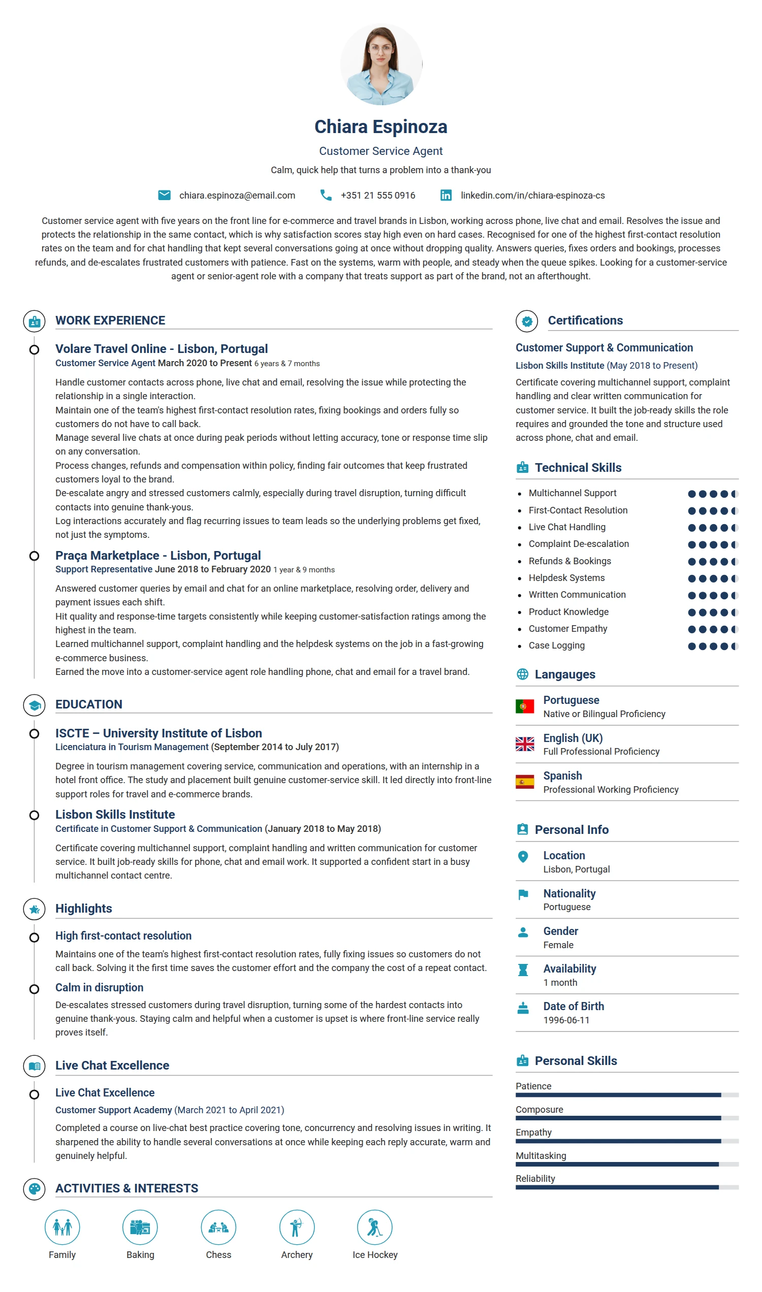 Customer Service Agent resume example — a professionally formatted Sales CV sample