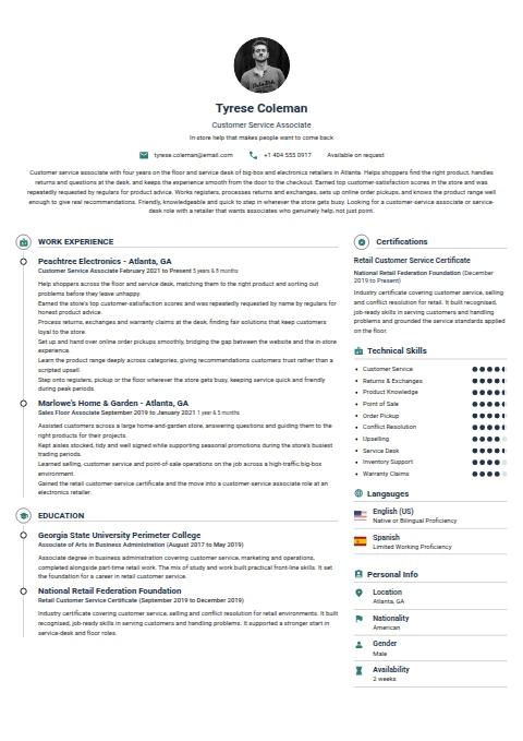 Customer Service Asociate resume example