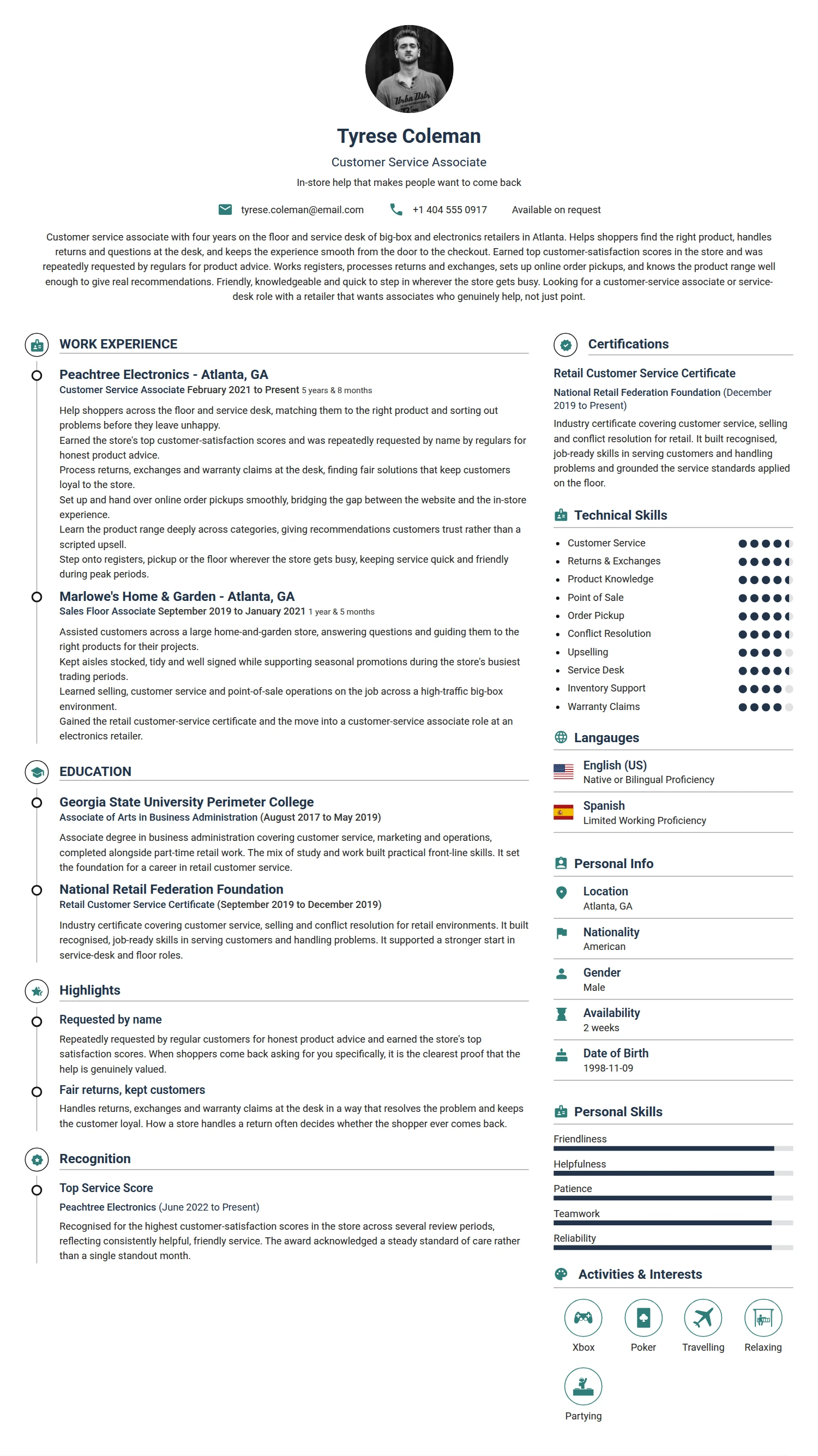 Customer Service Asociate resume example — a professionally formatted Sales CV sample
