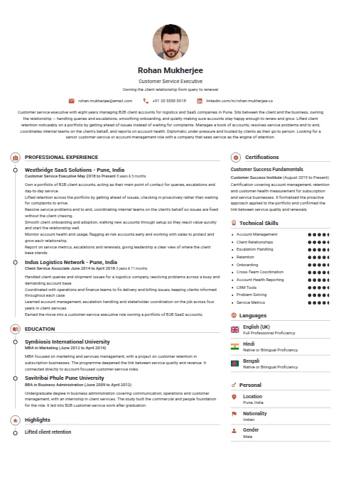 Customer Service Executive resume example