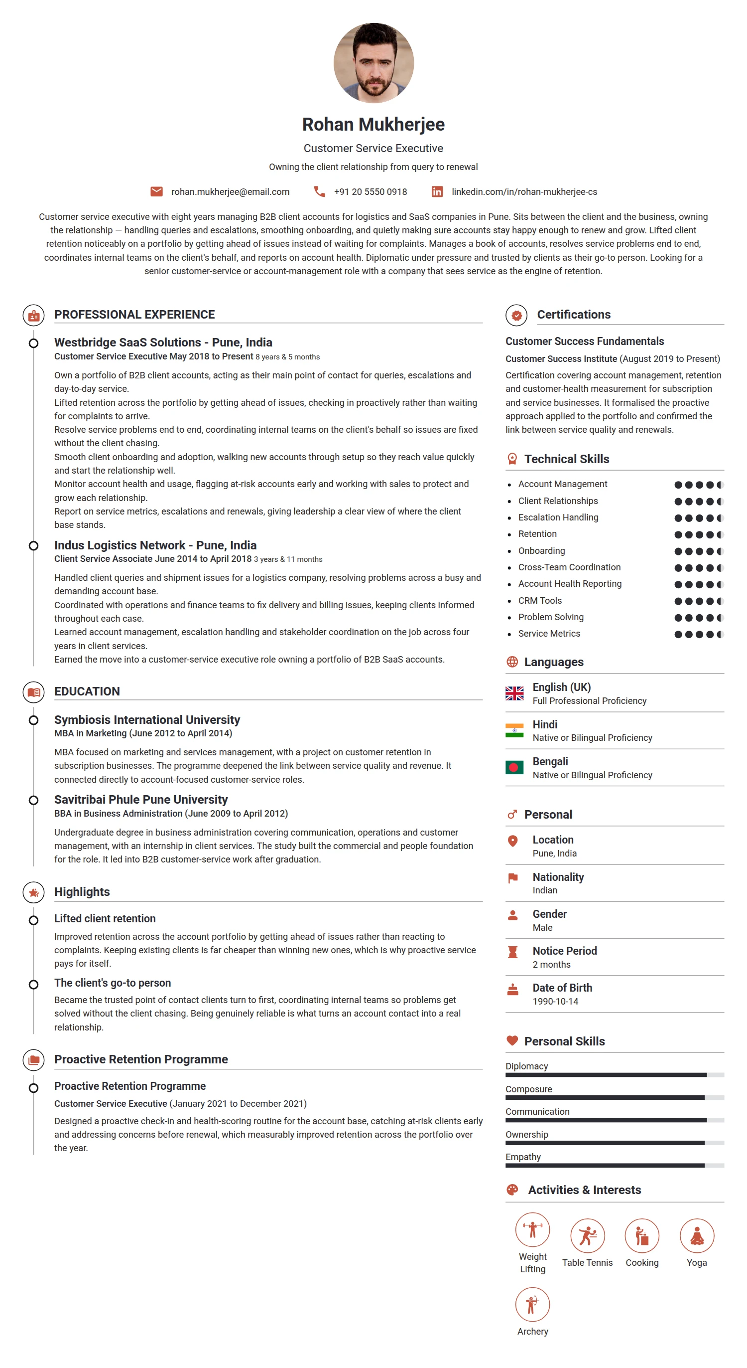 Customer Service Executive resume example — a professionally formatted Sales CV sample