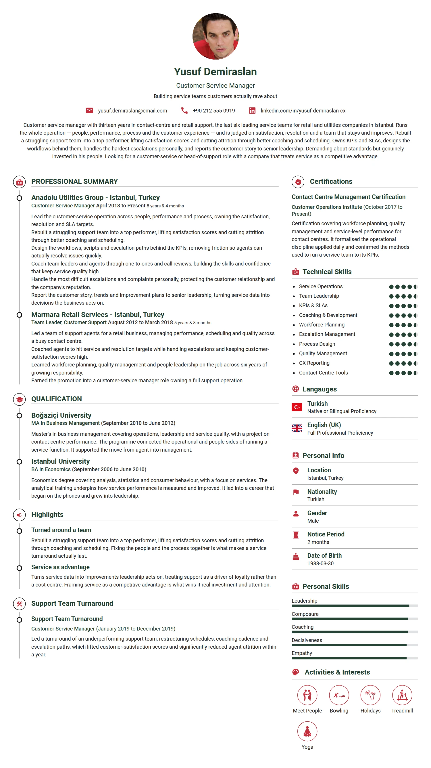 Customer Service Manager resume example — a professionally formatted Sales CV sample