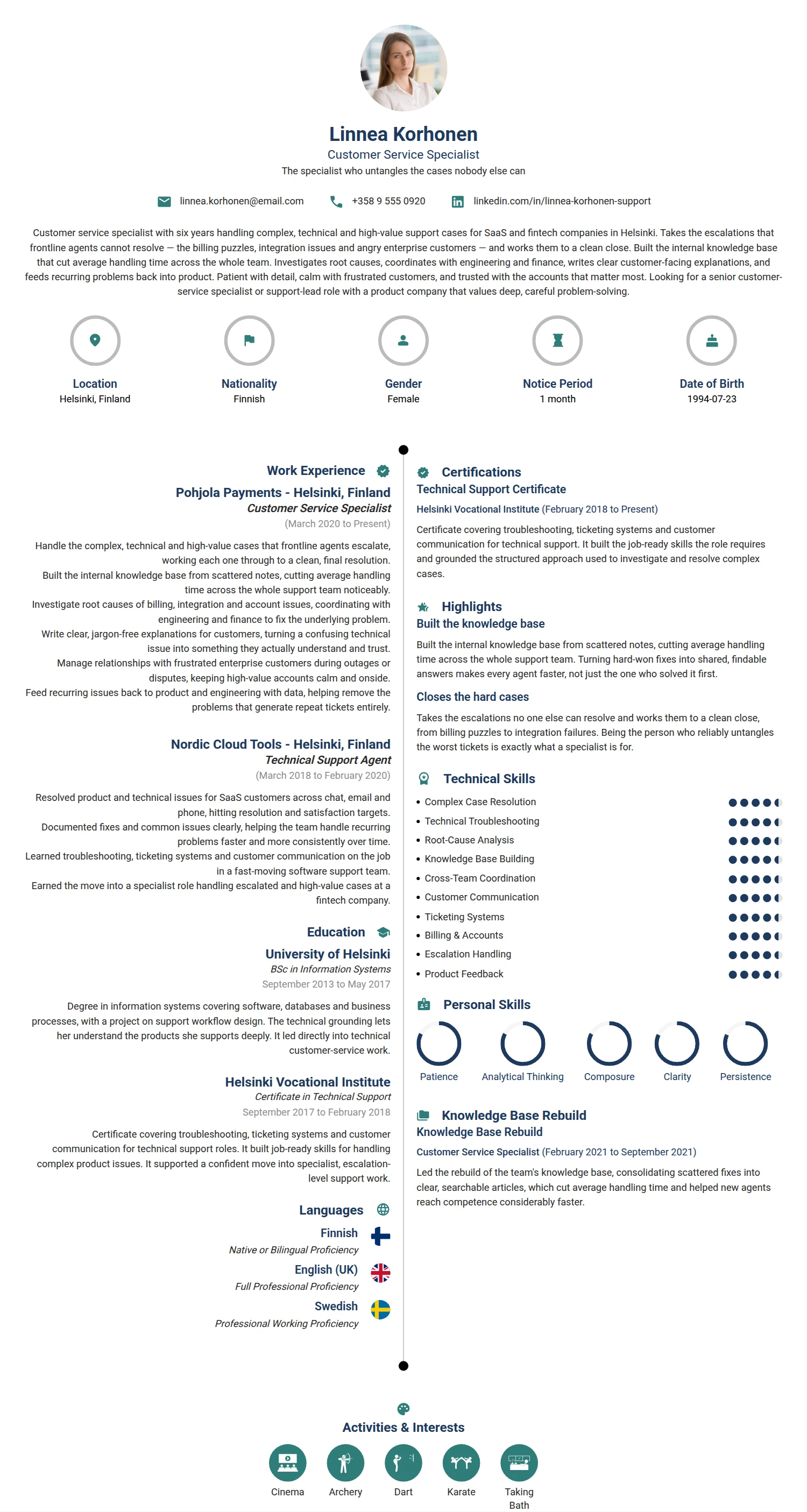 Customer Service Specialist resume example — a professionally formatted Sales CV sample