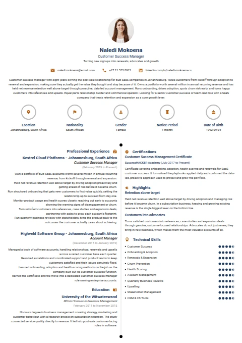 Customer Success Manager resume example