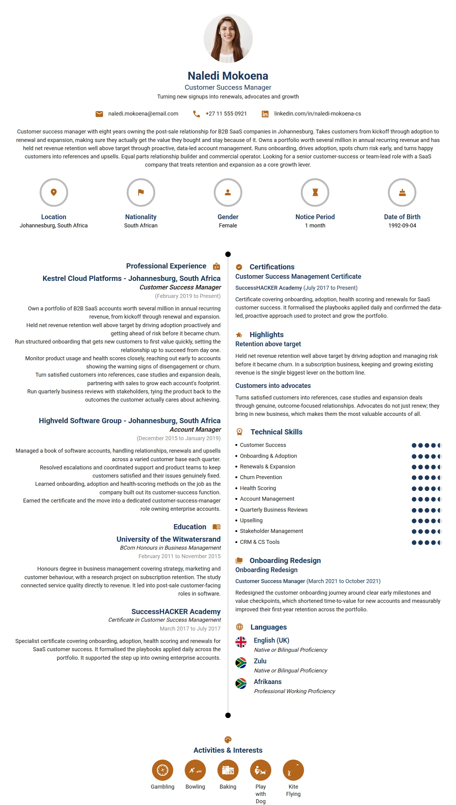 Customer Success Manager resume example — a professionally formatted Advertising/Marketing/PR CV sample