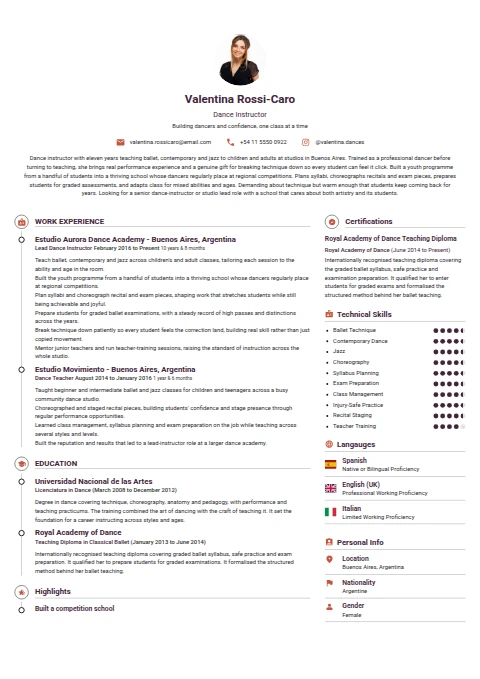 Dance Instructor resume example