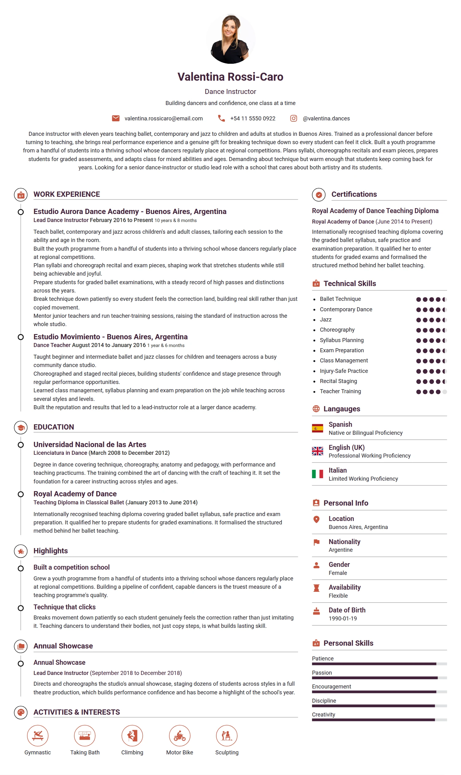 Dance Instructor resume example — a professionally formatted Art/Creative/Design CV sample