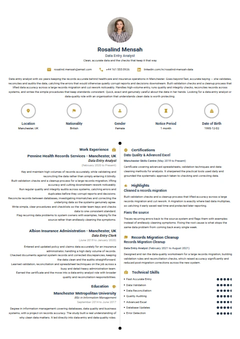 Data Entry Analyst resume example