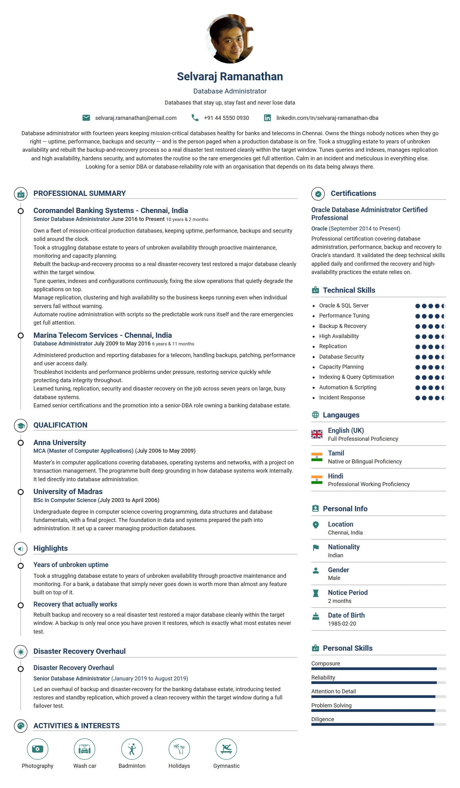 Database Administrator resume example — a professionally formatted Software Development & IT CV sample