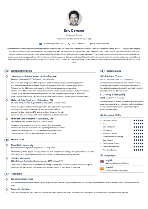 Database Tester resume example