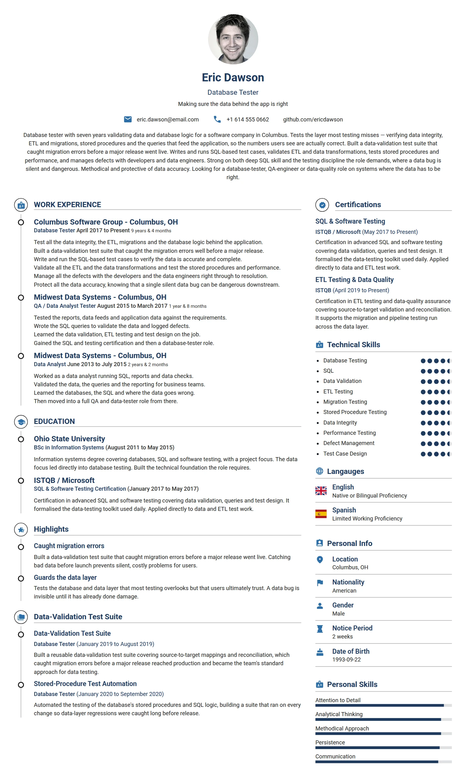 Database Tester resume example — a professionally formatted Software Development & IT CV sample