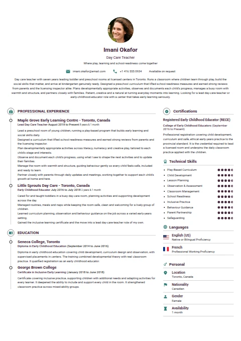 Day Care Teacher resume example