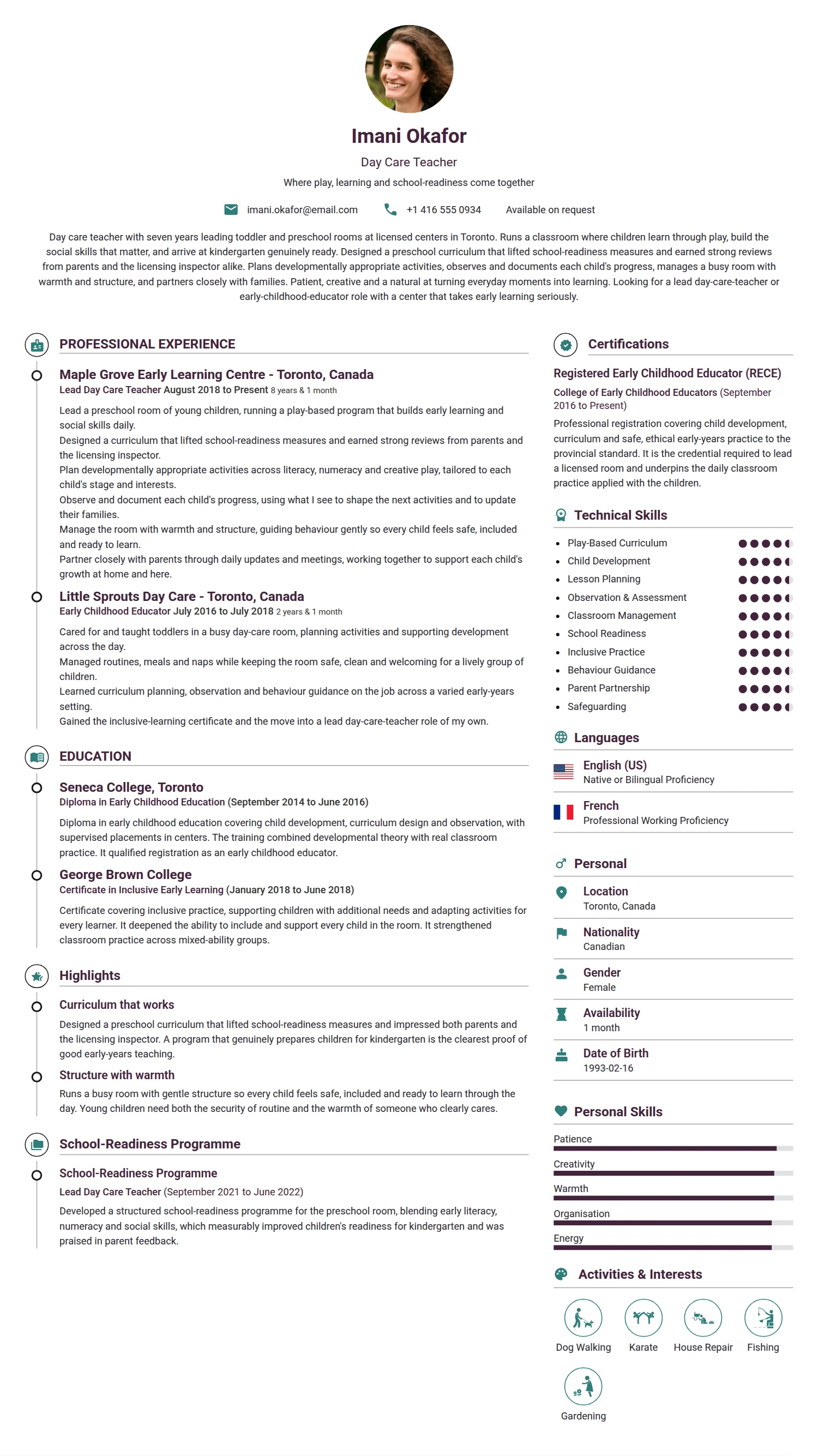 Day Care Teacher resume example — a professionally formatted Medical & Healthcare CV sample