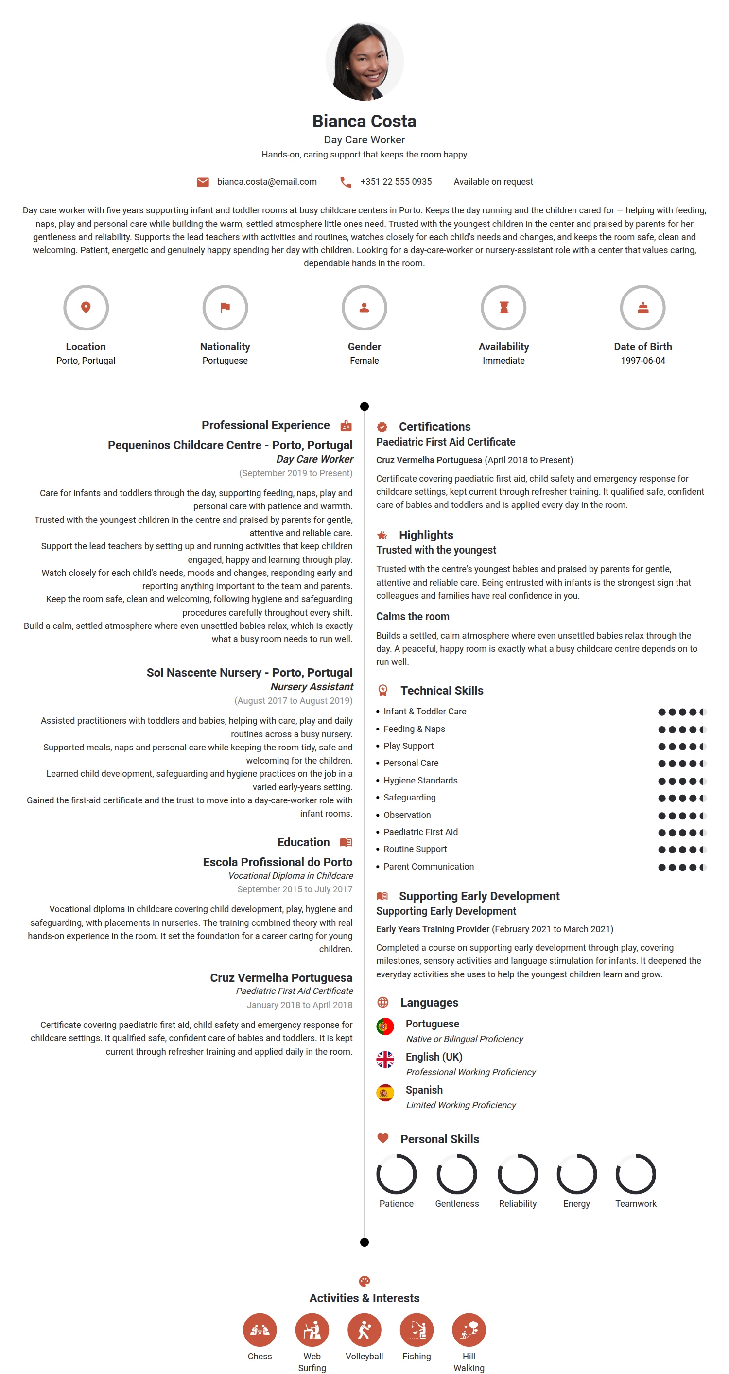 Day Care Worker resume example — a professionally formatted Medical & Healthcare CV sample