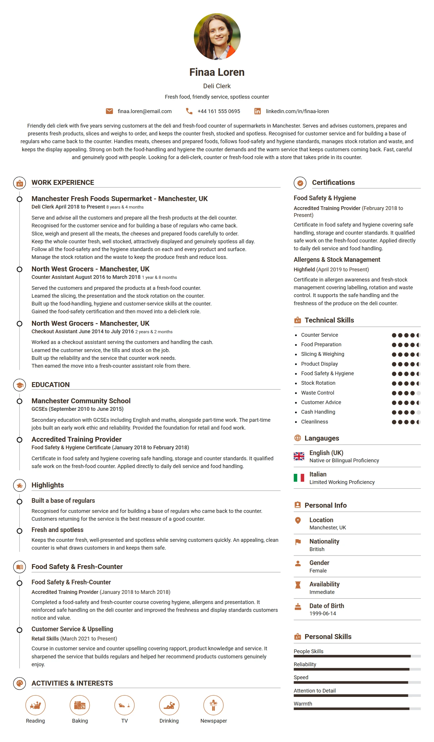 Deli Clerk resume example — a professionally formatted Administration CV sample