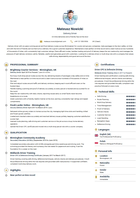 Delivery Driver resume example