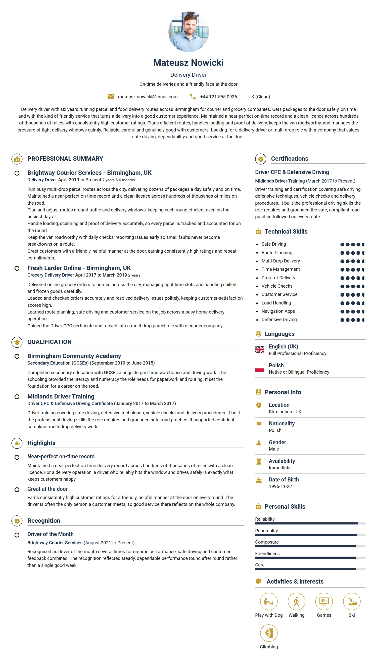 Delivery Driver resume example — a professionally formatted Transportation CV sample