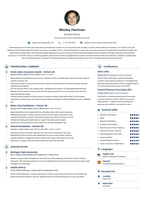 Demand Planner resume example — a professionally formatted Business Management CV sample