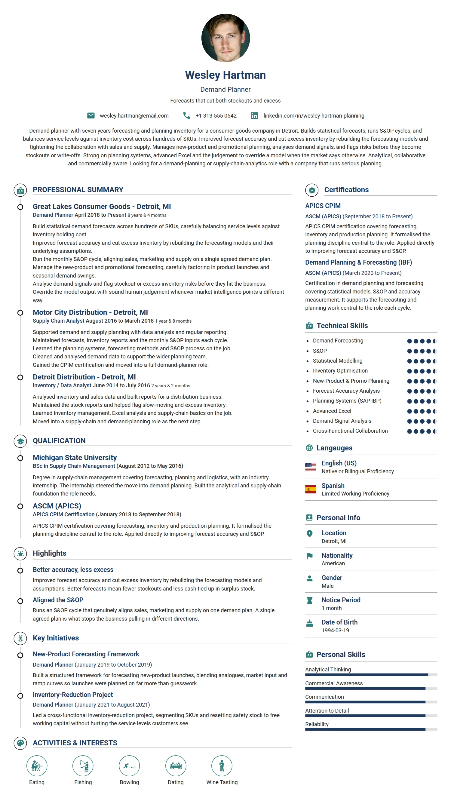 Demand Planner resume example — a professionally formatted Business Management CV sample