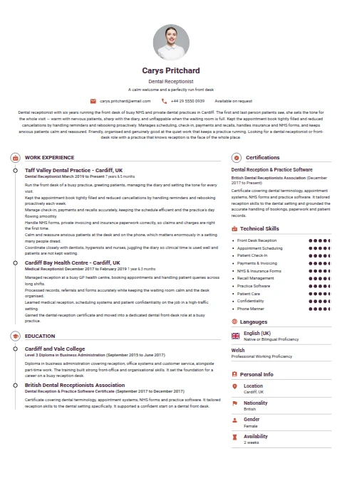 Dental Receptionist resume example