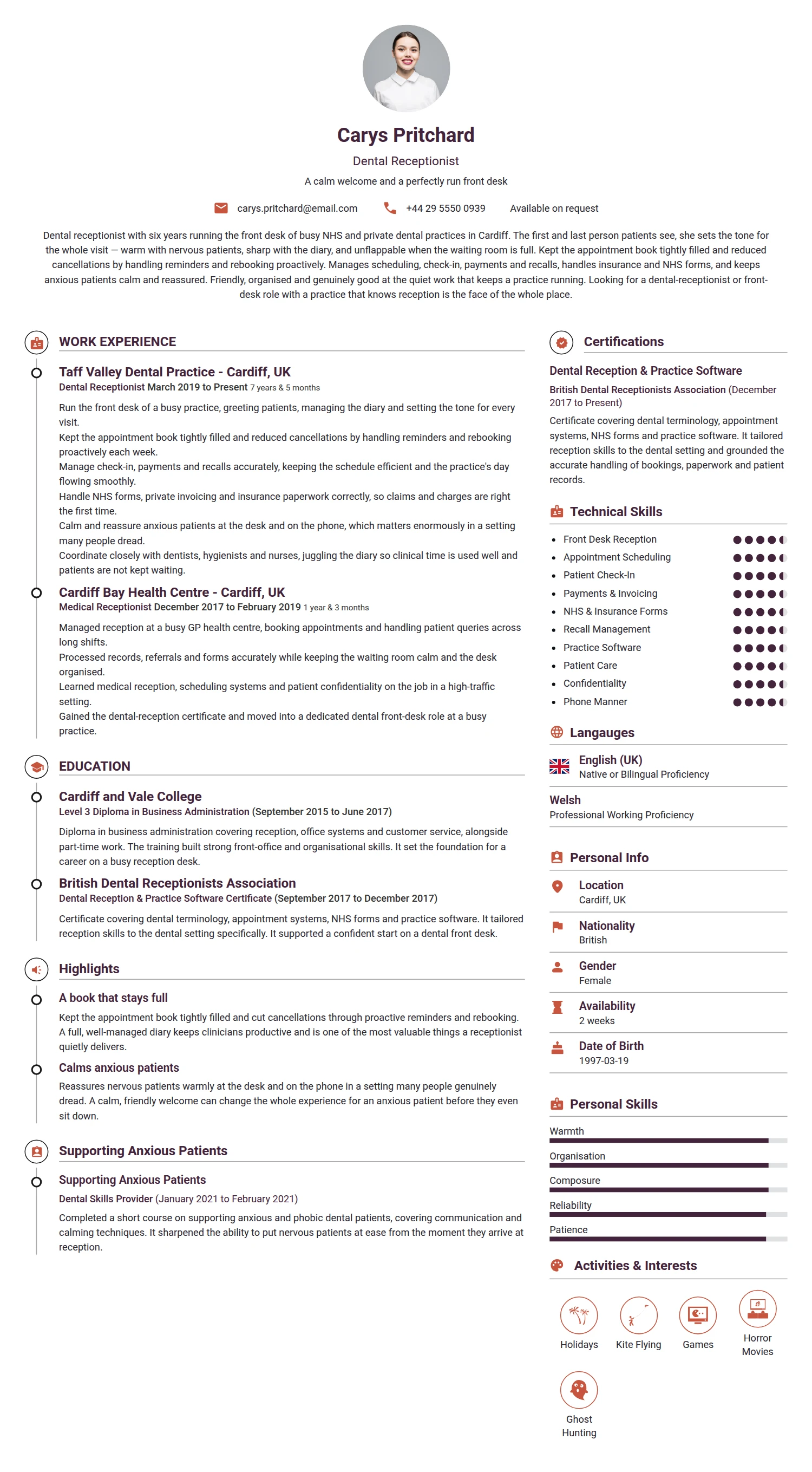 Dental Receptionist resume example — a professionally formatted Medical & Healthcare CV sample