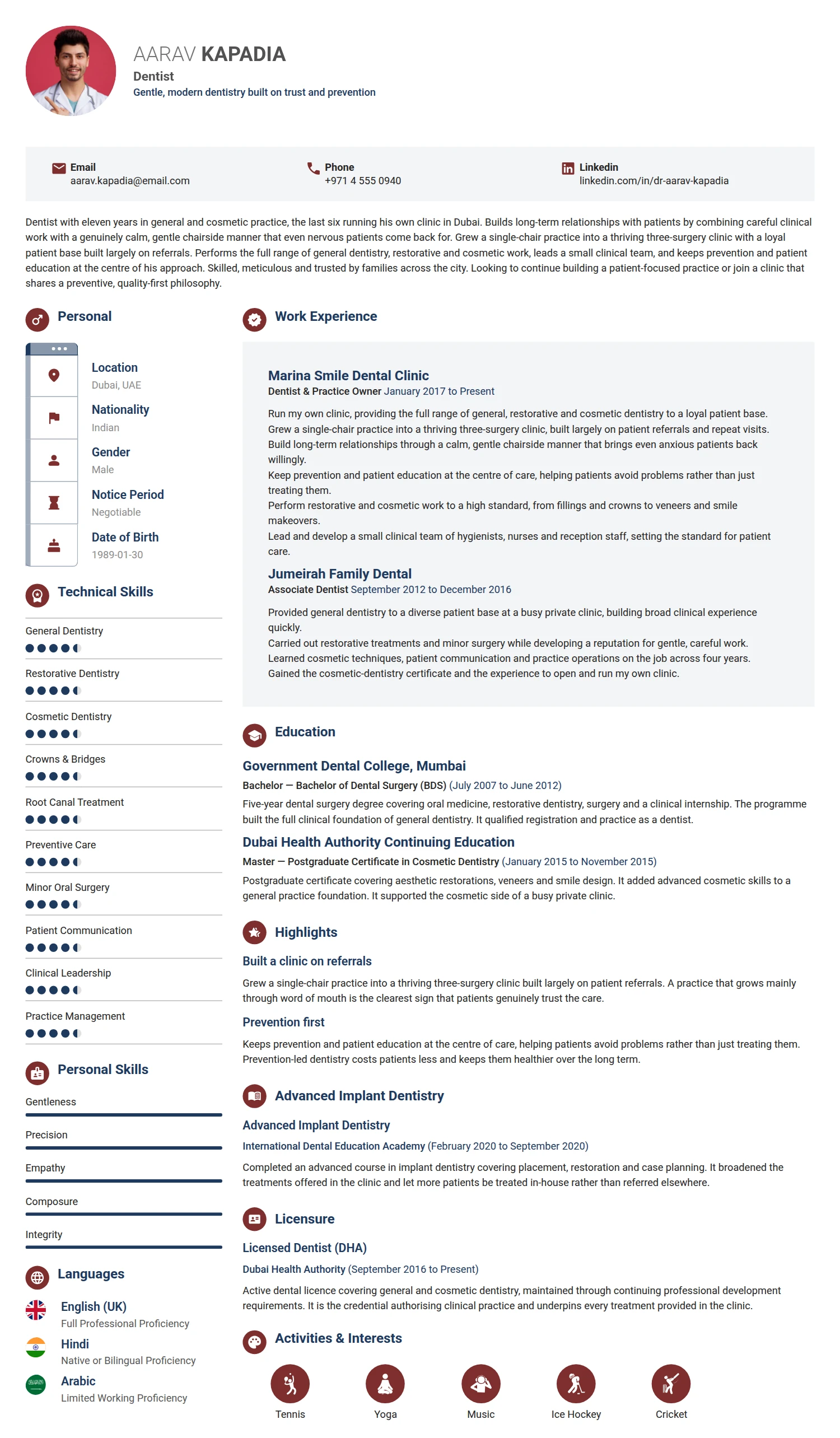 Dentist resume example — a professionally formatted Medical & Healthcare CV sample