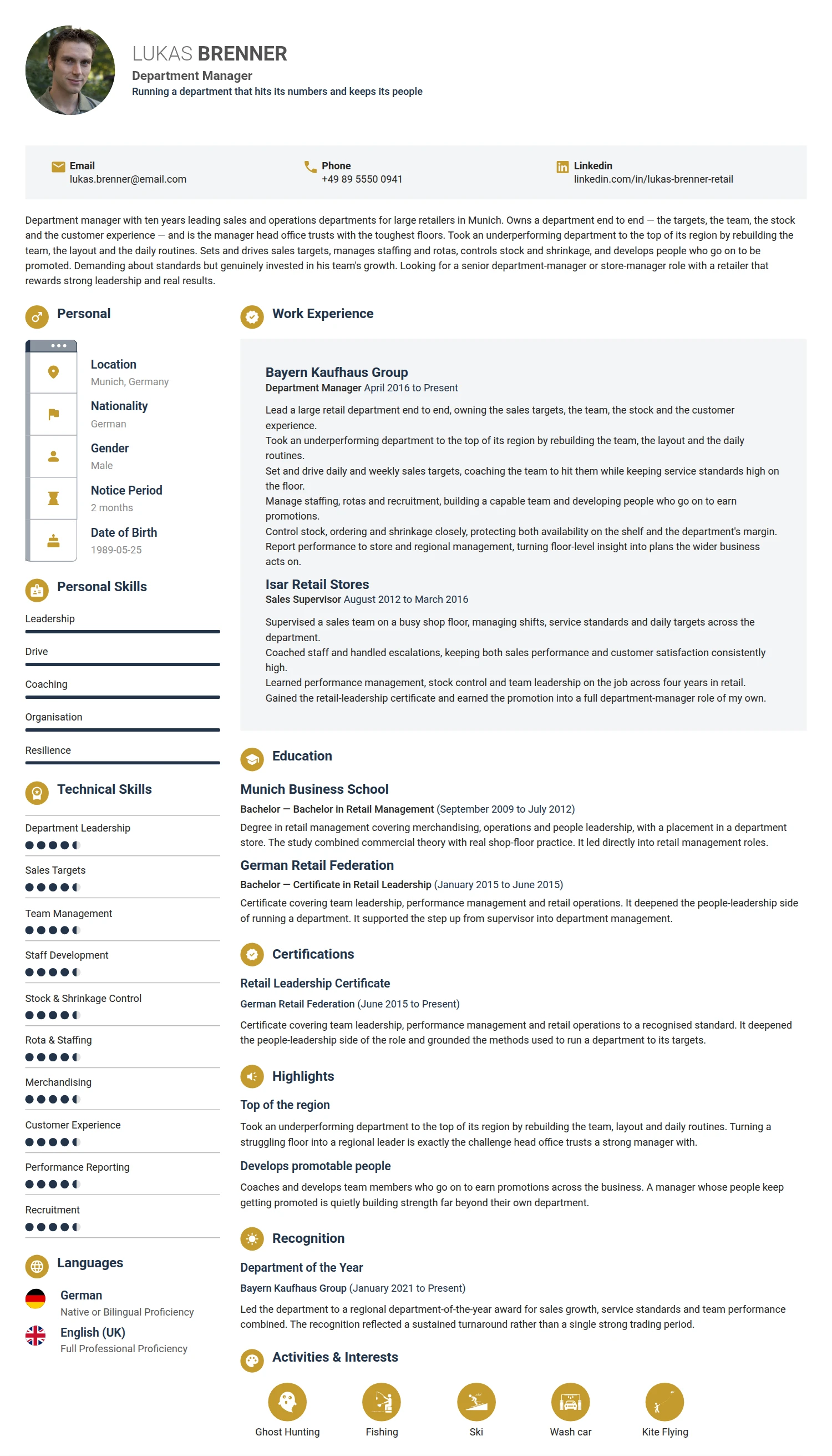 Department Manager resume example — a professionally formatted Sales CV sample