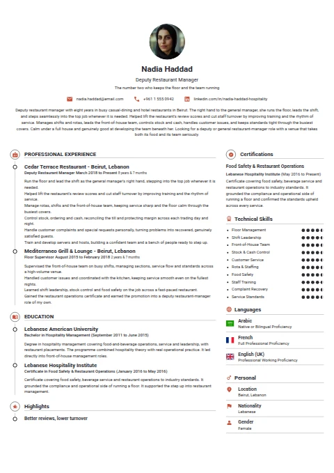 Deputy Restaurant Manager resume example